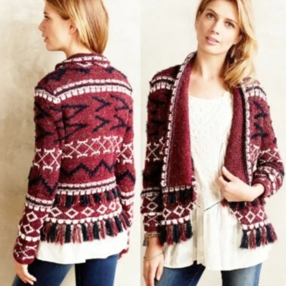 Anthropologie Moth Veras Fringed Cardigan Aztec Knit Sweater XS Burgundy - Picture 1 of 12